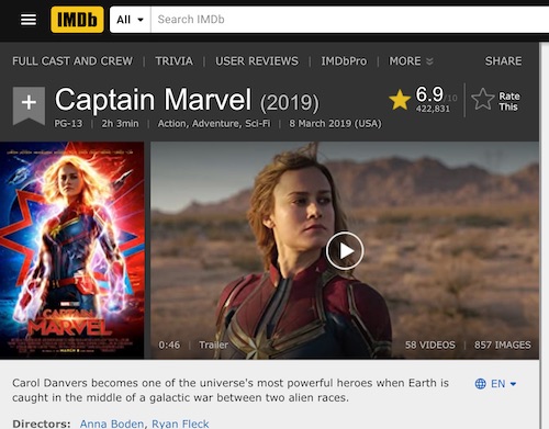  A screenshot of IMdb showing the entry for the movie Captain Marvel 