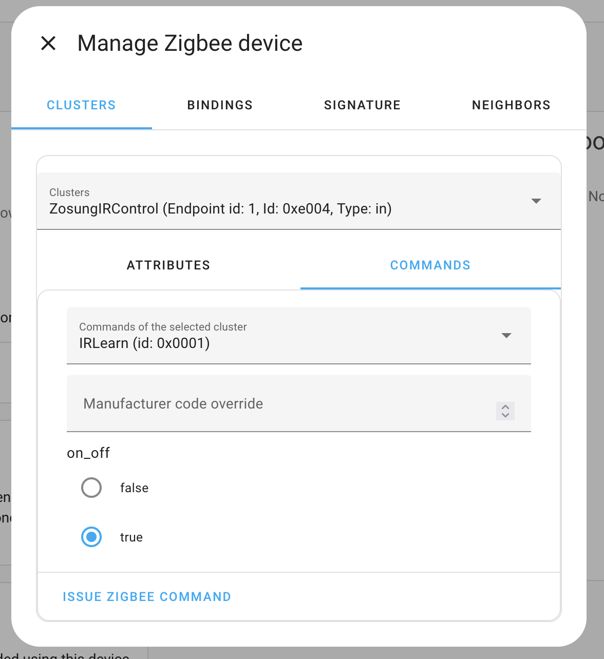Screenshot of the manage zigbee device
dialog
