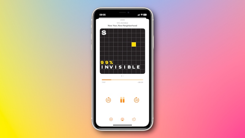  A screenshot of an ios screen, overcast is playing the latest episode of 99% invisible 